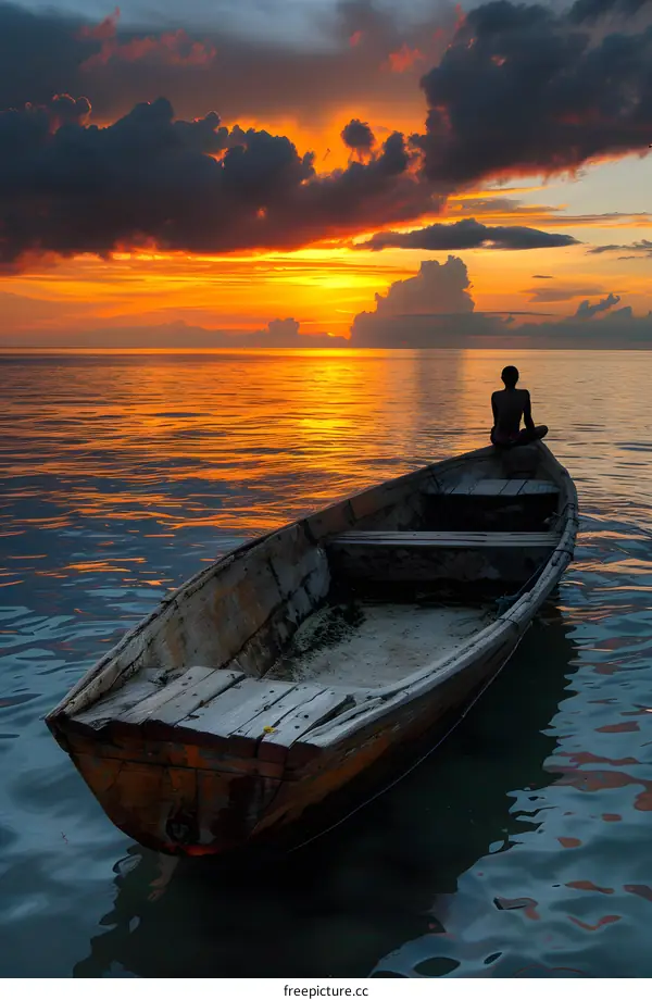 A boy sits in a boat on a lake and watches the sunset.