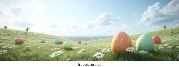 Easter Eggs in a Field with Rabbits