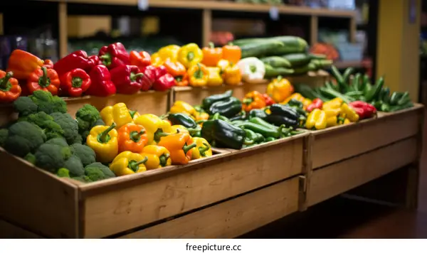 Colorful Bell Peppers and Broccoli at Farmers Market