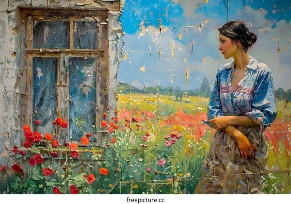 Woman in a Field with Flowers and a Window