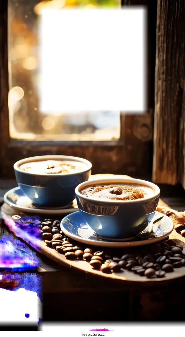 Two cups of coffee on a wooden table by the window