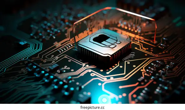 A close-up of a computer chip on a circuit board.