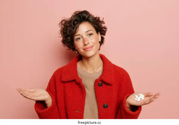 Woman Holding Pills Against Pink Background