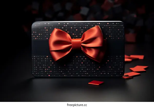A black gift box with a red ribbon