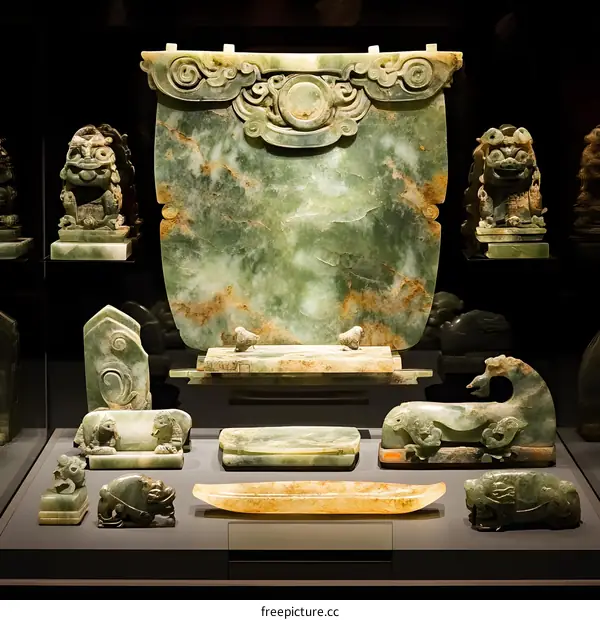 Ancient Chinese Jade Carvings and Artifacts in a Museum Display