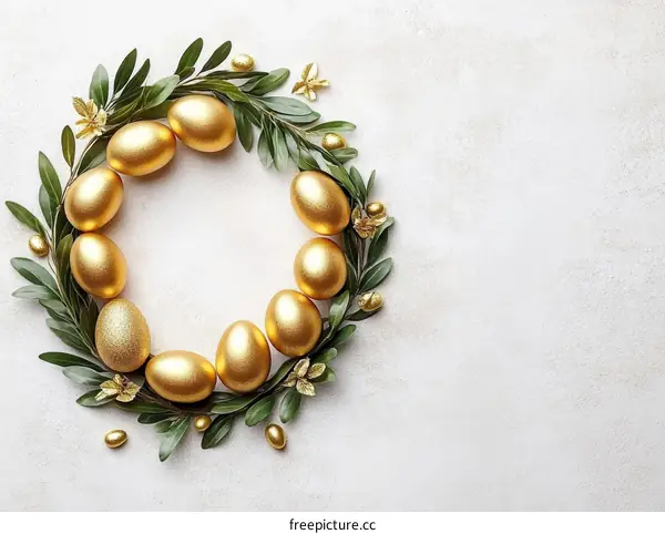 Golden Easter Eggs Wreath on a Light Background