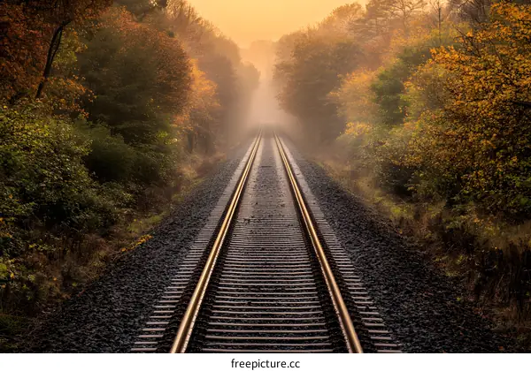 Autumn Mist And Railroad Tracks