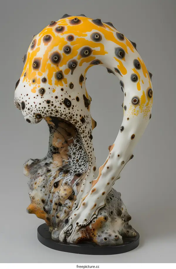A ceramic sculpture with a yellow and white spotted body and a black base.