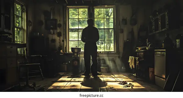 Man standing in a dark room looking out at the light