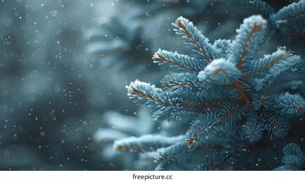Close up of snow covered pine tree branches with blurred background
