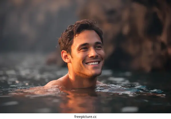 Smiling Man Swimming in a Natural Setting