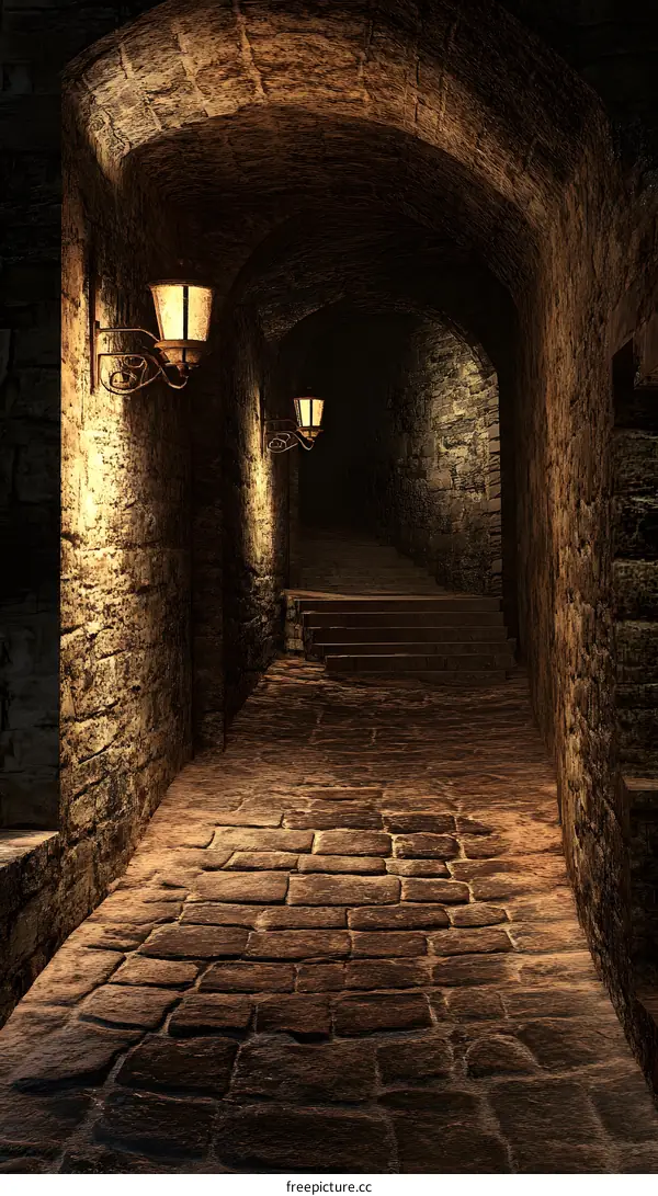 Dark Stone Tunnel with Cobblestone Path and Lanterns