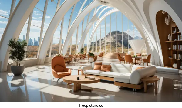 Modern interior space with large windows and curved arches