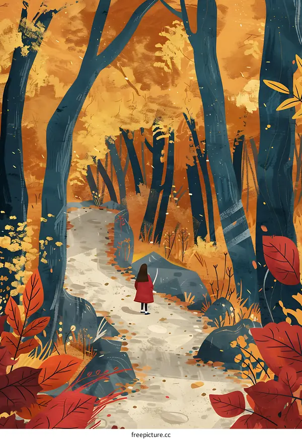 Autumn Forest Path with Woman Walking