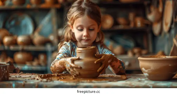 Little girl sculpts a clay pot in pottery workshop