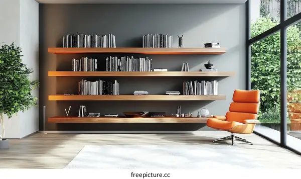 Modern Wooden Floating Bookshelves with Orange Chair