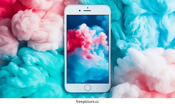 White Smartphone with Pink and Blue Abstract Background