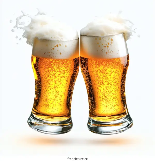 Two Beer Glasses Toasting with Foam
