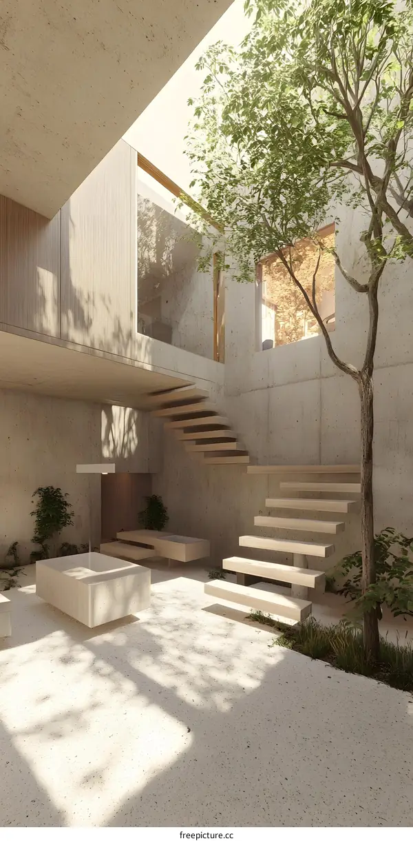 Modern Minimalist Concrete Staircase and Courtyard Design