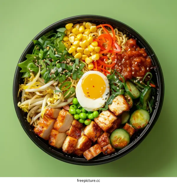 A bowl of Korean food with chicken, vegetables, and noodles