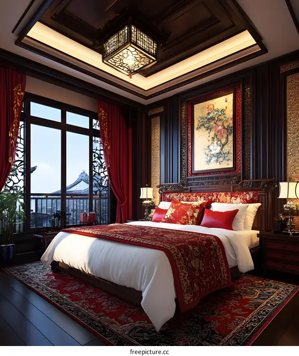 Traditional Chinese Style Bedroom Interior Design With Red Pillows And Bedding