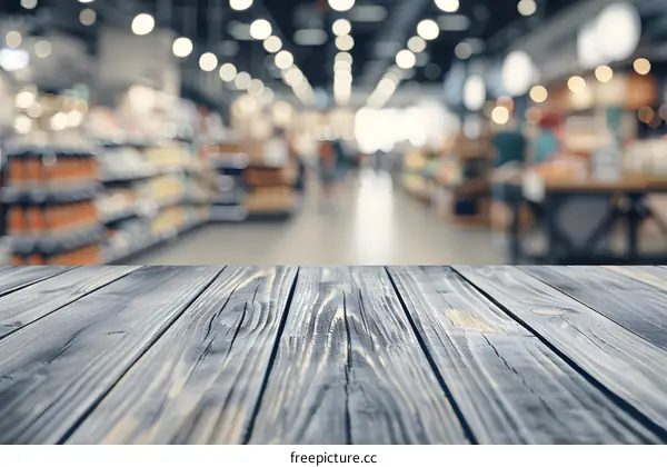 Wood Tabletop with Blurred Supermarket Background