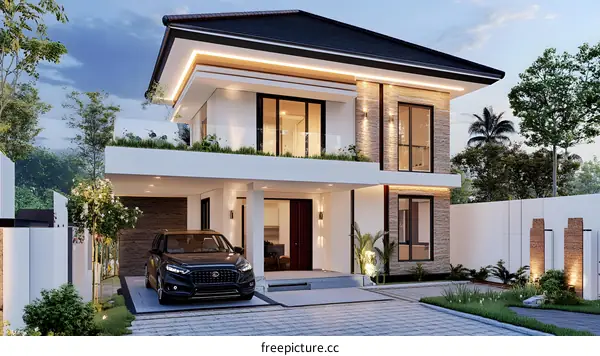 Modern Two Story House with Balcony and Car in Front