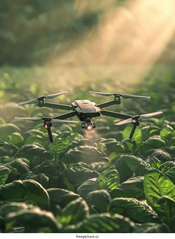 A drone is flying over a field of green tobacco plants.
