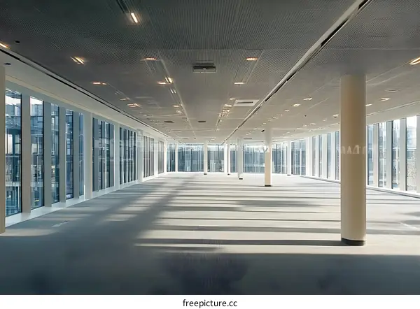 Empty Office Space with Large Windows and a Ceiling with Grid Pattern