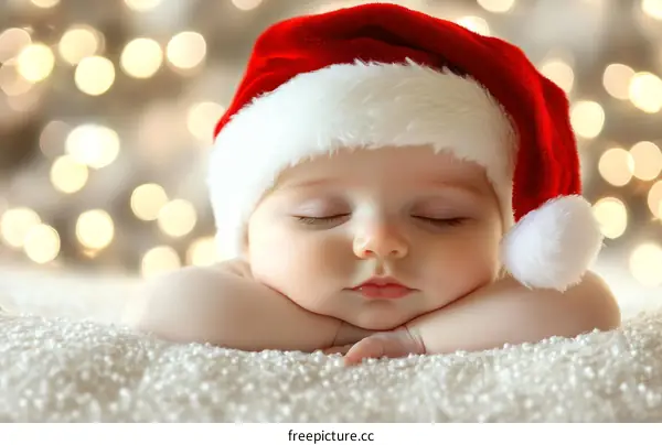 Peaceful Baby in Santa Hat  Christmas Image