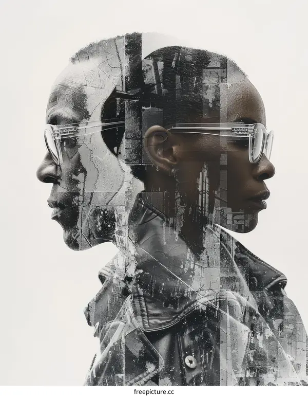 Black and white portrait of a person with glasses on a white background