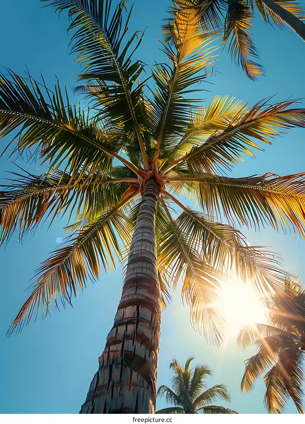 Tropical Palm Tree Under Blue Sky With Sun Shining