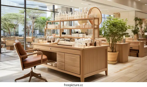 Luxury retail store interior with wooden furniture and large windows