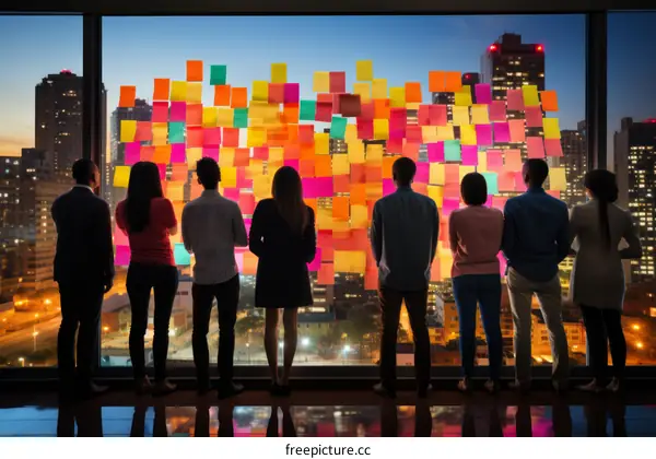 A group of people looking at a wall of sticky notes.