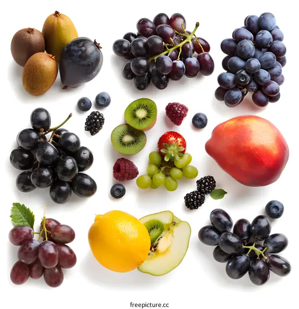 Fresh Fruits Collection: Kiwi, Grapes, Lemon, Mango, Raspberry, Blackberry and Blueberry