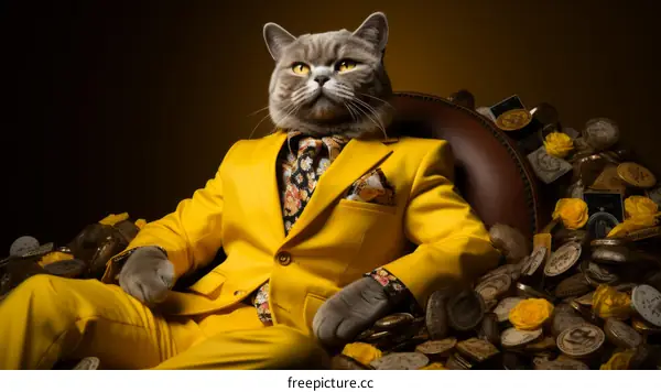 A cat wearing a suit and tie is sitting on a pile of money.