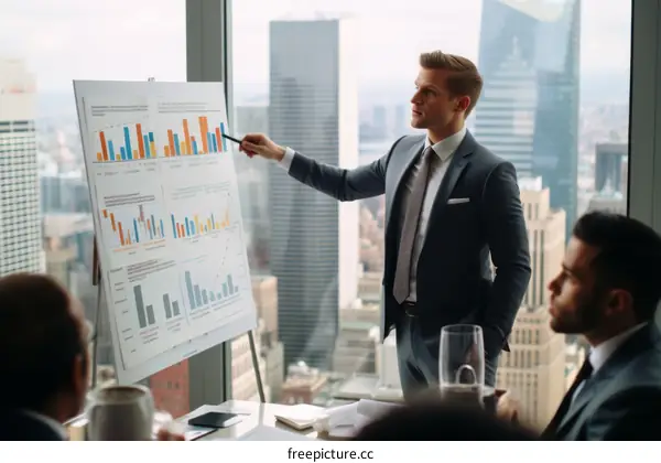 Businessman giving presentation to colleagues in modern office