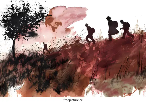 Silhouettes of People Walking Up a Hill Watercolor Illustration