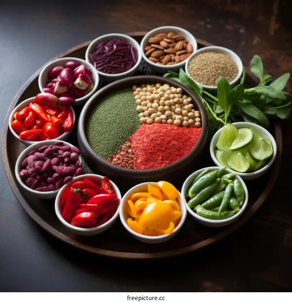 Various colorful spices and nuts arranged in white bowls on a wooden table