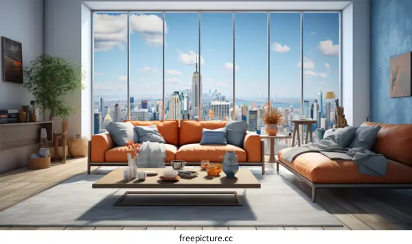 A modern living room with a large window looking out over a city skyline