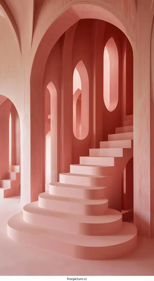 Pink Minimalist Architecture with Arched Windows and Stairs