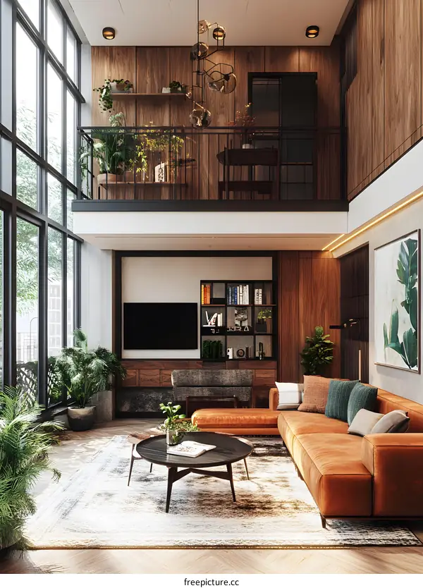 Modern Living Room Interior Design with Wooden Floor and Large Windows