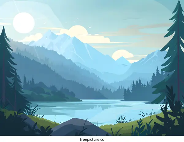 Mountain Lake Landscape Illustration