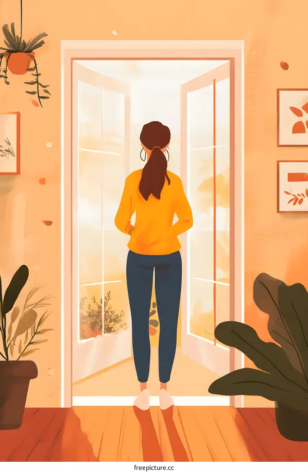 Woman Looking Out Door at Sunset