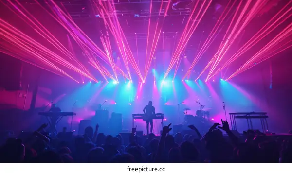 Musicians perform electronic music in front of a large crowd at a concert