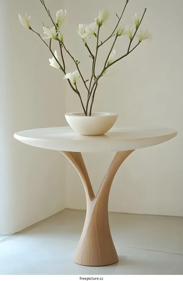 Modern Wooden Table with White Flowers in a Bowl