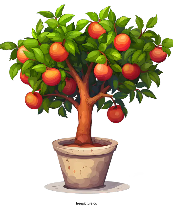[Transparent Background PNG]Cartoon Illustration of a Potted Tree with Red Apples