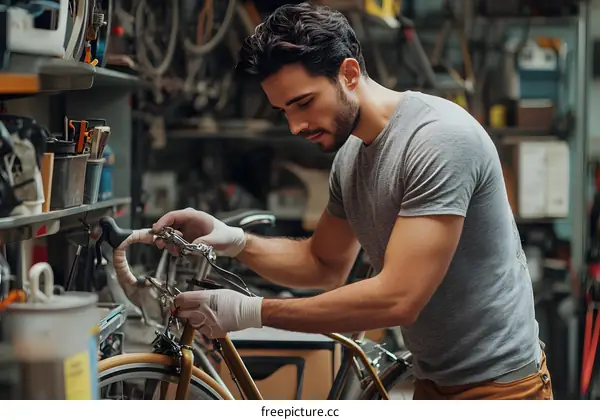 Man Working On A Bicycle In A Workshop