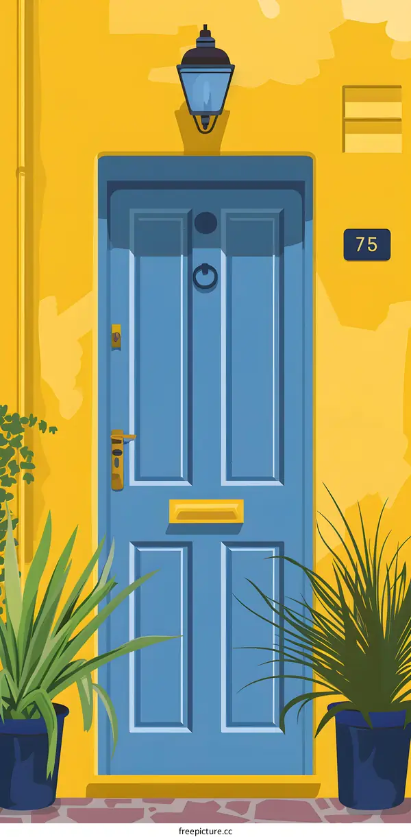 Blue Front Door with Yellow Wall and Plants