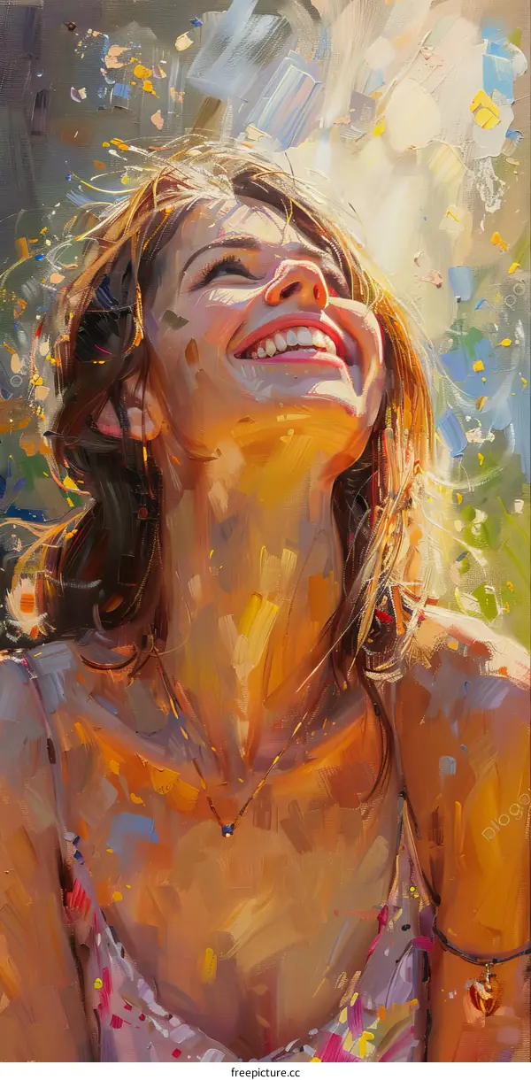 An oil painting of a happy woman smiling with her eyes closed